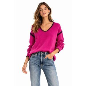 JOHNNY WAS whipstitch v neck pullover sweater SMALL wool cashmere magenta pink